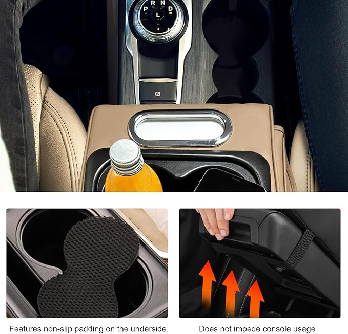 Car Center Console Armrest Pillow, Multifunctional Armrest Box Cover with Cup Phone Tissue Holder & Side Pockets, Waterproof Leather Middle Console Cushion for Most Vehicles (Beige, Normal)