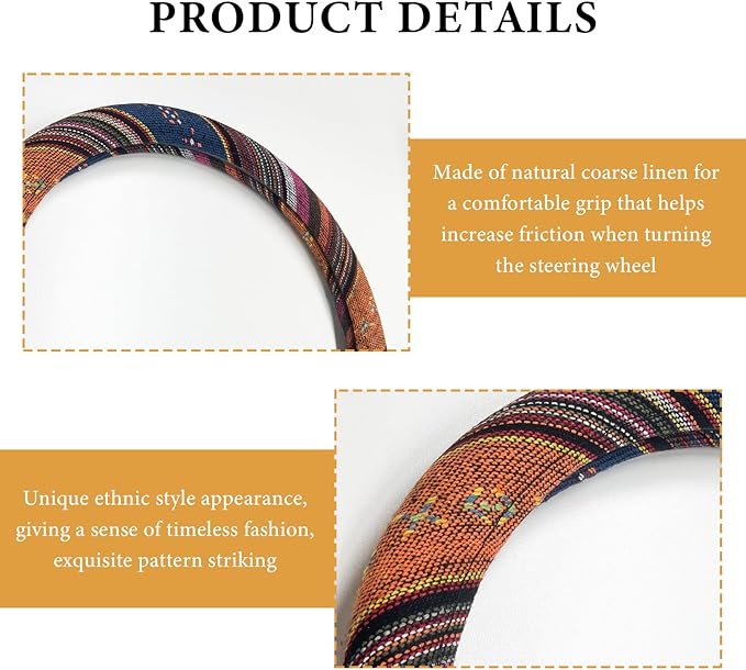 Boho Steering Wheel Cover, 15 Inch Coarse Flax Cloth Ethnic Style Anti-Slip Car Wheel Wrap, Universal Breathable Bohemian Steering Wheel Protector for Cars Vans Trucks (C)