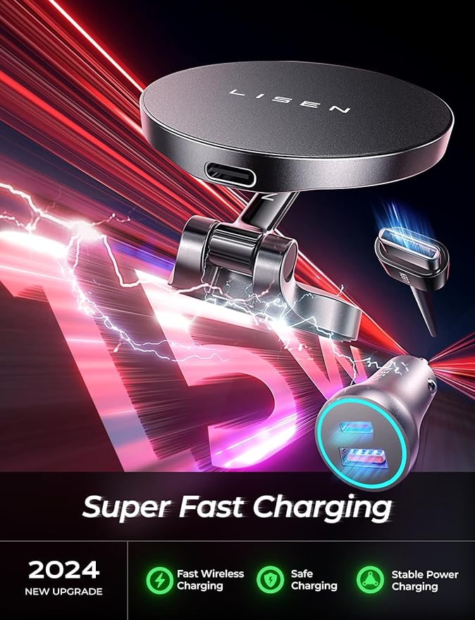 LISEN for Magsafe Car Charger, 15W Ultra Magnetic Car Phone Holder, for Magsafe Car Mount Charger Metal Dashboard Cell Phone Car Mount for iPhone 16 15 14 13 12Pro Max Plus