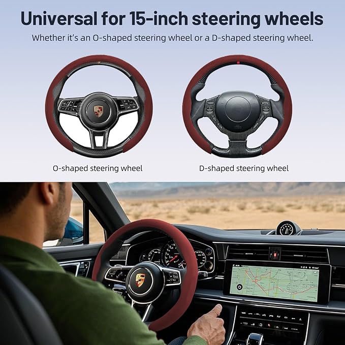 Suede Steering Wheel Cover, Universal 15 Inch Car Steering Wheel Cover, Non-Slip Design,Breathable,Car Interior Accessories Bordeaux Red
