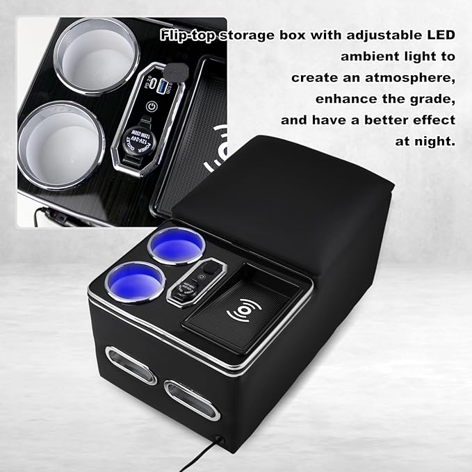 RULLINE Center Console Armrest Organizer with Wireless Charging & Cup Holders, LED Bench Seat Center Console for Car Minivan Truck SUV, Van - Universal Fit Storage Box, Center Console Armrest