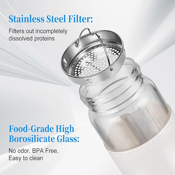 Small Glass Shaker Bottle, 2 Pack 16oz BPA Free Odorless Shaker Bottle with 304SS Mixing Ball and Removable Cleaning Brush for Fitness & Protein Shakes(White-2Pack)