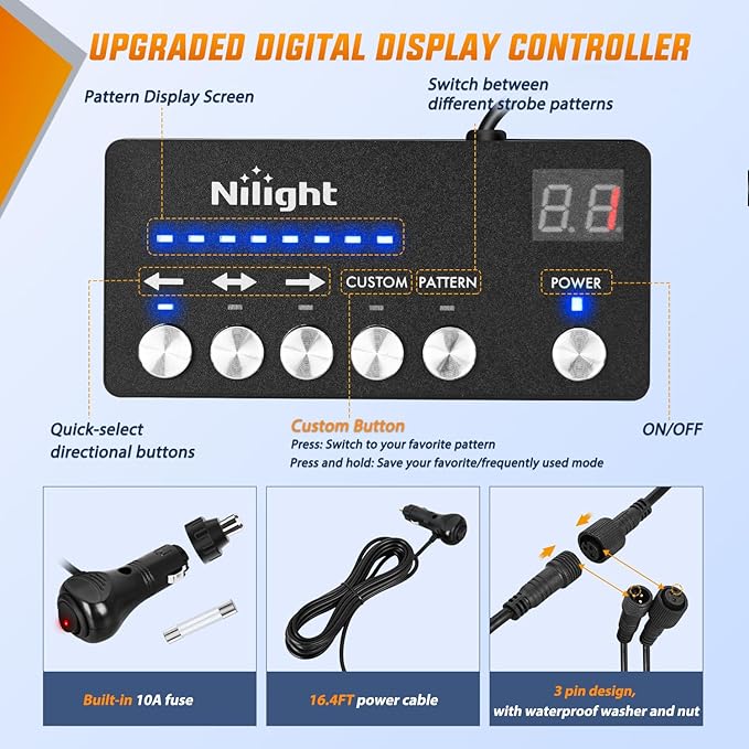 Nilight 2PCS 70 Inch Emergency Strobe Light Strip with Controller 864 LED Amber White Running Board Lights Flexible Side Flashing Warning Caution Safety Waterproof for Truck Construction Pickup