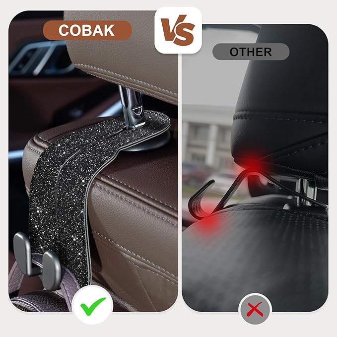 CoBak Purse Hook for Car - Universal Premium Stitched Leather and Aluminum-Magnesium Alloy Double Car Seat Back Storage Hook for Purses, Handbags, Bags (2 Pack),Glitter Black