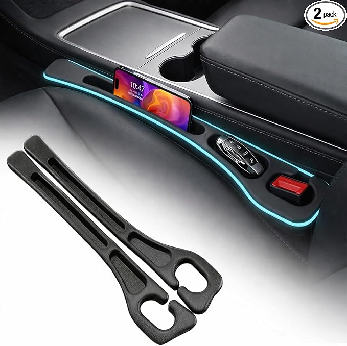 Seat Gap Filler 2 Pack, Car Seat Gap Plug with Storage Slot for Phone & Keys, High-Density Elastic Car Slot Organizer for Most Cars, SUVs, and Trucks - Black