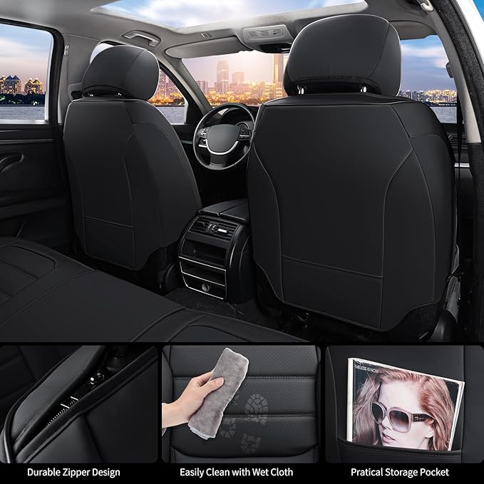 Car Seat Covers Full Set, 5Pcs Universal Leather Seat Covers for Cars, Waterproof Front and Rear Seat Covers Breathable Automotive Vehicle Seat Cover for Most Trucks, SUVs, Sedans, Black