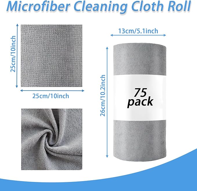 Niurewan 75 Pack Microfiber Cleaning Cloth Roll,Reusable Tear Away Microfiber Towels,Washable Ultra Absorbent Rags Drying Dishcloths for Car,Home,Garage or Shop(Grey)