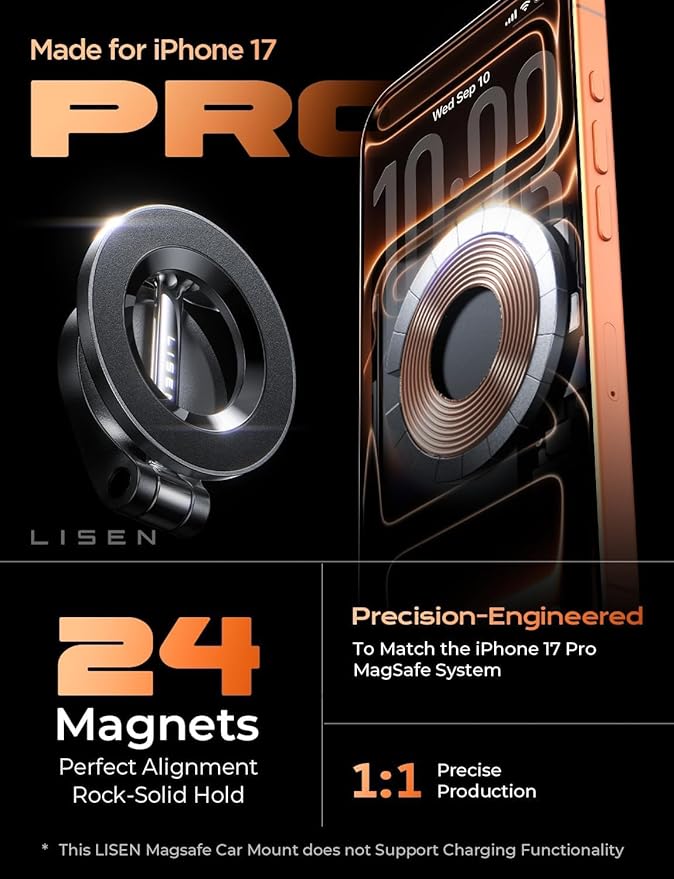 LISEN for MagSafe Car Mount for iPhone 17 Pro Max [24 Strong Magnets] Classic Magnetic Phone Holder for Car Dashboard Magnet Phone Mount Car Cell Phone Holder for iPhone 17 Pro Max Air 16 15 14 13 12