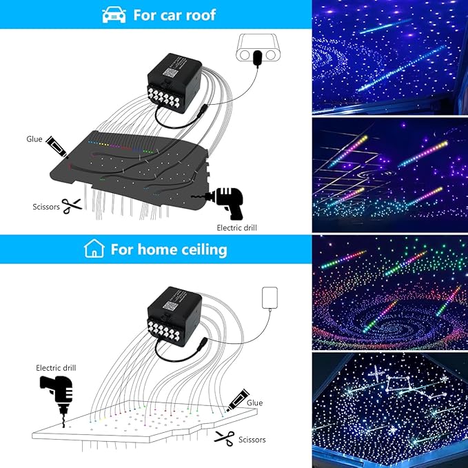 AKEPO 36W 4 Color Twinkle Fiber Optic Starlights Headliner Lights Kit, Optical Fibers Music Sync Bluetooth APP Control Starlight Kit, 600pcs*13.1ft + 240pcs Colorful Shooting Star