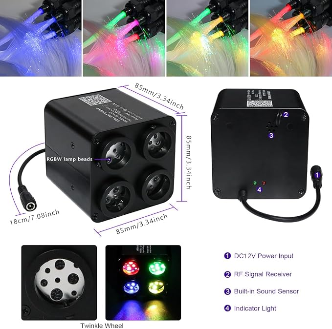 AZIMOM 4Port 36W Twinkle 1000pcs 0.03in 13.1ft Fiber Optic Starlight Headliner Kits 4Colors Light Source Sound Activated Remote APP Control Home Indoor Ceiling Car Headliner Decoration