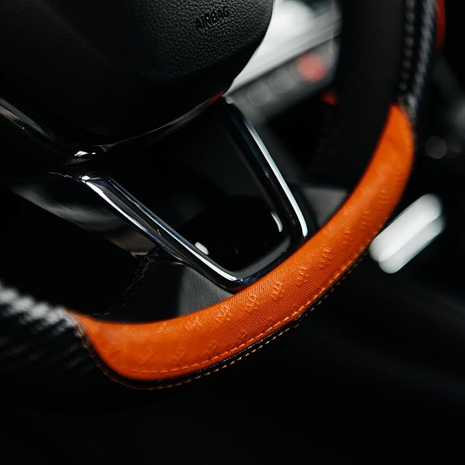 Lord Autofashion Steering Wheel Cover – PU Leather, Non-Slip Rubber Inner, All-Season Comfort – 14.5–15 Inch (Black/Orange 7685)