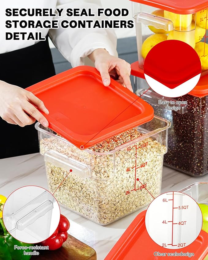 6QT NSF Food Storage Containers: 8 PCS [Food Grade][Hot&Cold Resistant] Commercial Clear Square Food Storage Containers with Scales Handles for Home Restaurant Kitchen Proof Dough (Green)