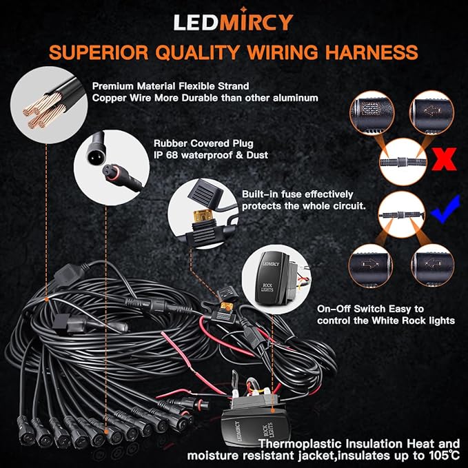 LEDMIRCY R2 Pure White Rock Lights Kit with Roker Switch Wire Harness 12PCS LED Rock Lights White for Offroad Truck ATV UTV SUV Underglow Light Trail Rig Light Under Body High Power Waterproof
