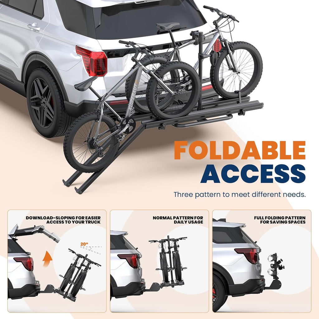 Aluminum 2 EBikes Rack Foldable 2'' Hitch Mounted Carrier Racks w/Ramps Over 200lbs Capacity for 5 inch Fat Tire Heavy Duty Universal E-Bike Racks for SUVs Cars Trucks RV 2-Inch Receiver