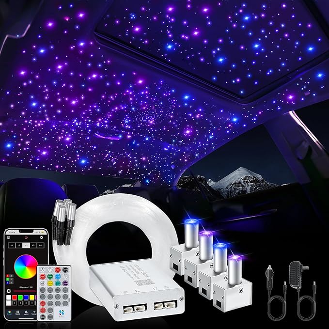Split 4 Colors 12W Car Starlight Headliner Kit 600pcs*0.02in*9.8ft with APP&RF Remote,RGBW Fiber Optic Strands Star Roof Lights,4 Port Engine Sound Activated Star Ceiling Lights for Car/Home Decor