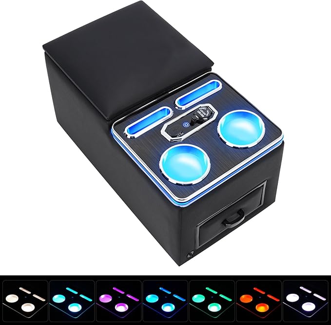 Center Console Organizer, Bench Seat Center Console with Fast Phone Charging & Cup Holders, Automotive Center Storage Box Upgraded 7-Color Adjustable LED Lighting for Car Minivan Van Truck