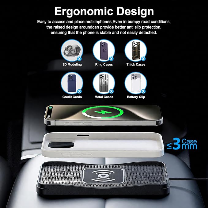 Car Wireless Charger Pad, 15W Fast Wireless Car Charger, Non-Slip Wireless Phone Charger Car Compatible with iPhone 17/16/15/14/13/12, Samsung and LG, Android Phones
