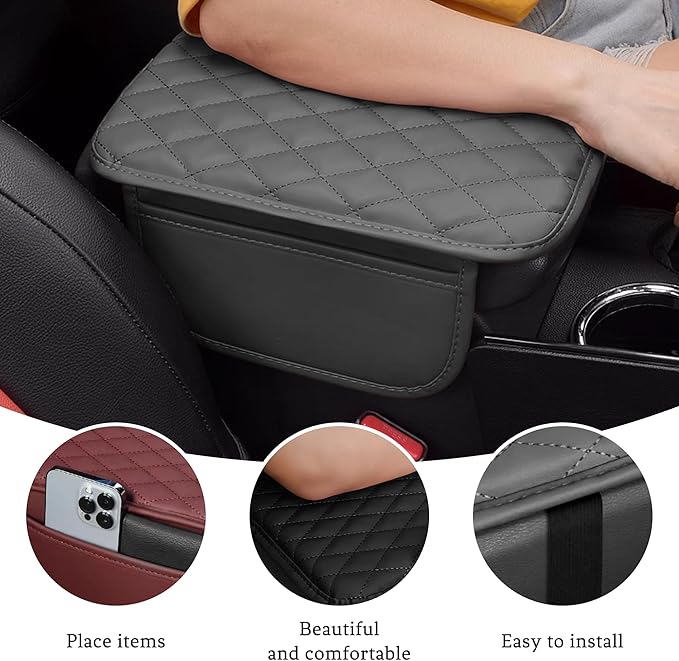 Car Center Console Cover, Universal Center Console Protector Pad with Soft Microfiber Leather & 2 Storage Pockets, Non-Slip Cushion for Car SUV Truck Interior Accessories (Gray)