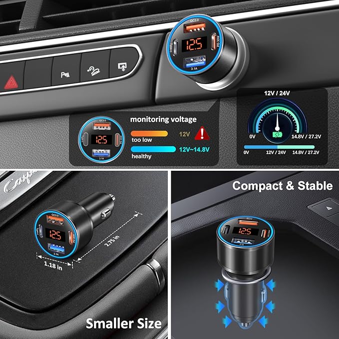 Car Charger USB C, 65W 4-Port Super Fast Type C Car Charger for Samsung S26/S25/S24/S23 Ultra, 2 Pack QC&PD 3.0 Fast Charging Cigarette Lighter Adapter Android Car Phone Charger+6FT USB-C Cable