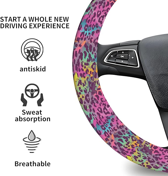 Elastic Car Steering Wheel Cover, Universal 15 inch Non-Slip Breathable Neoprene Steering Wheel Protector, Car Accessories for Women Men Fit Auto, Suvs, Truck Colorful Leopard Print