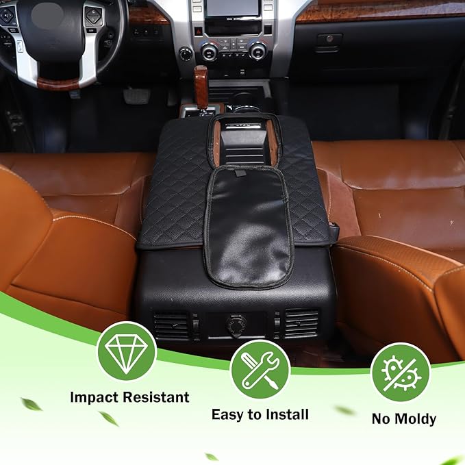 LLKUANG Car Center Console Armrest Cover Pad Fit for Toyota Tundra 2007-2021 Waterproof Leather Seat Armrest Box Cushion Pad Protector (Black-with Zipper)