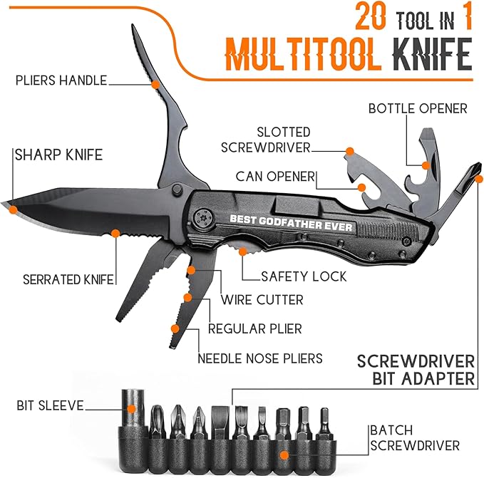 Godfather Gift, Multitool Knife, Godfather Proposal Gifts, Godfather’s Gifts from godchild, Christmas Practical Present, Gift for Camping, Hiking, Fishing, 20 in 1 Multitool