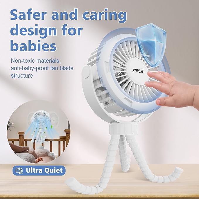 Mini Portable Baby Stroller Fan,3 Speed Personal Handheld Fan,Battery Operated Rechargeable 360° Flexible Tripod Cooling Fan, Suitable for Car Seat Crib Treadmill Golf Cart Travel(Black)