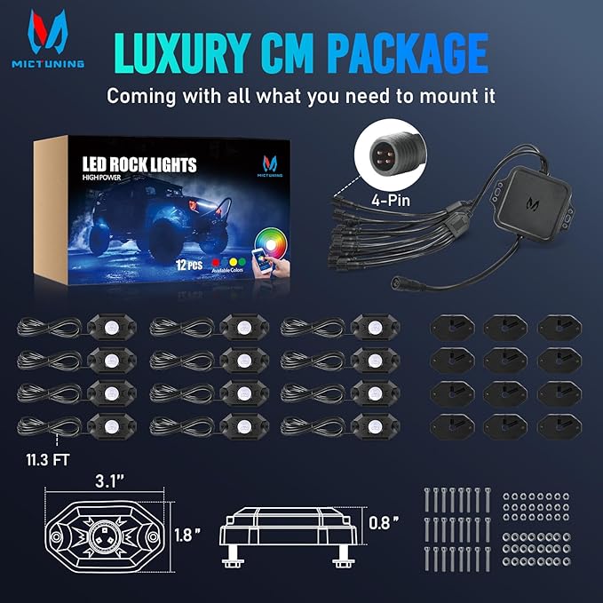 MICTUNING 2nd-Gen CM RGB Rock Lights - 12 Pods Waterproof Multicolor Neon Underglow Kit with Bluetooth App Control & Music Mode for Trucks Pickup UTV SUV ATV （2 Year Warranty）
