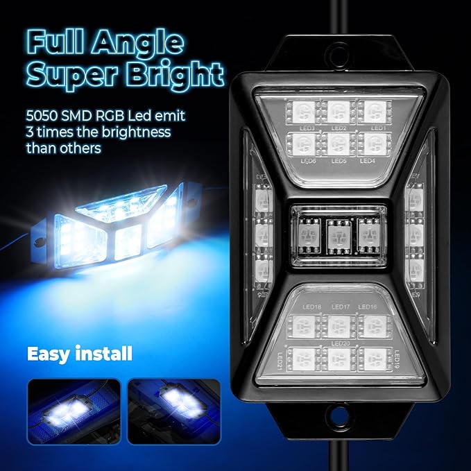 12 Pods Full Angle RGB Rock Lights Compatible with 12V Trucks Jeep UTV SUV ATV Boat Golf Cart, Waterproof Multi-Color, App/Remote Control Led Rock Lights with Music Mode(Patented)