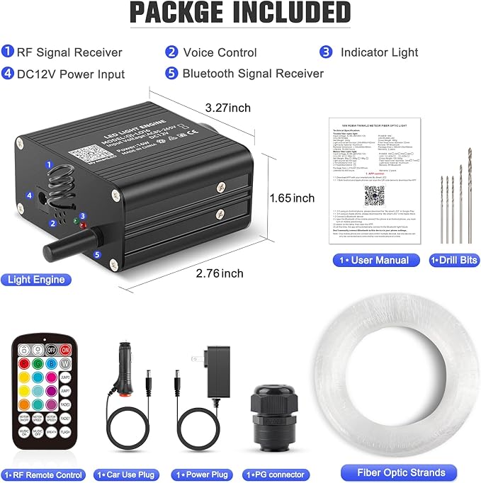 16W Twinkle Starlight Headliner Kit, 570pcs of (0.03+0.04+0.06in)*9.8ft Fiber Optic Strands Bluetooth APP/Remote/Music Control, RGBW Star Ceiling Light Kit+Adapter+Car Use Plug for Car