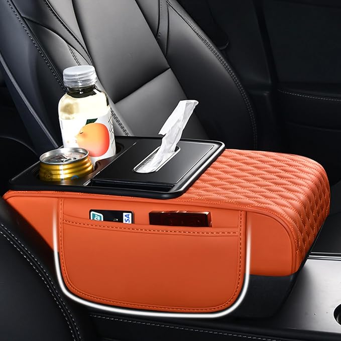 Car Center Console Armrest Pad, Arm Rest Box Cushion with Ergonomic Height Boost, Storage Pockets, Built-in Tissue Box, Cupholder, Fit for Most Sedan Vehicles (Embroidery Water Ripple, Pink)
