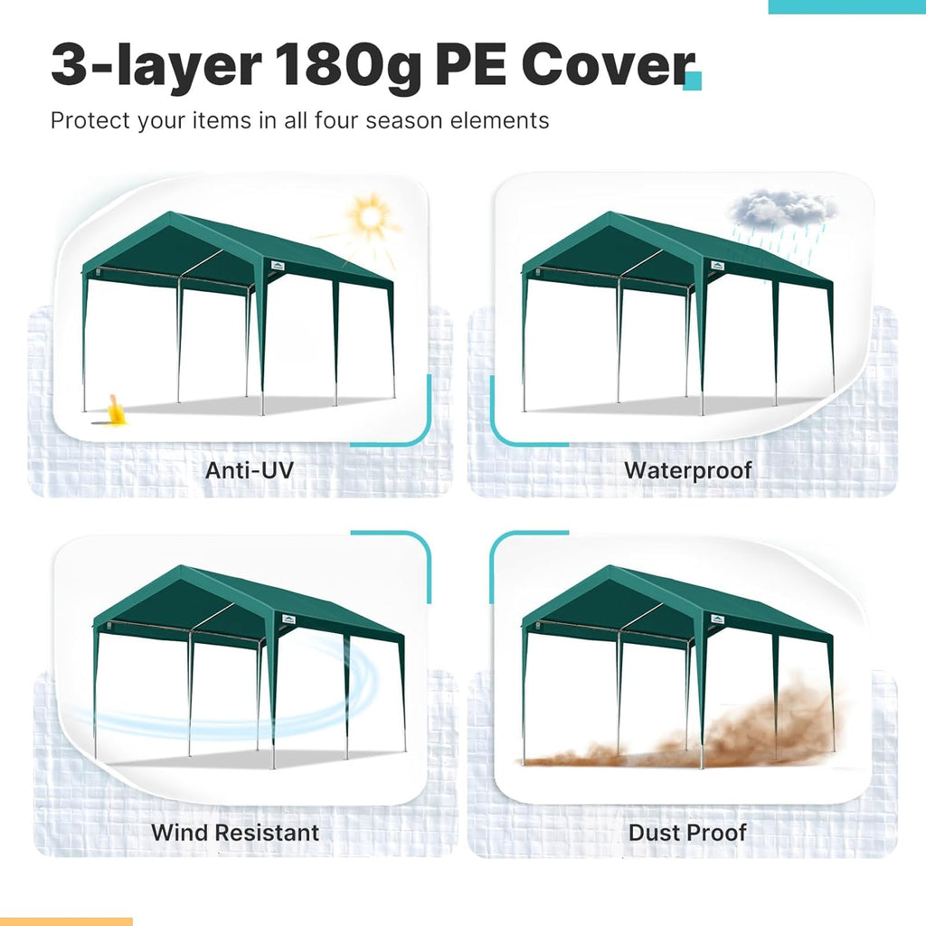 ADVANCE OUTDOOR Adjustable 10x20 ft Heavy Duty Carport Car Canopy Garage Boat Shelter Party Tent, Adjustable Height from 9.5 ft to 11 ft, Green