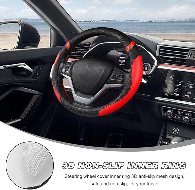 Car Steering Wheel Cover, 15 Inch Premium Leather Breathable Non-Slip Wheels Wrap, Universal Auto Comfortable Steering Wheel Protector for SUV Truck Van, Car Accessories (Red)