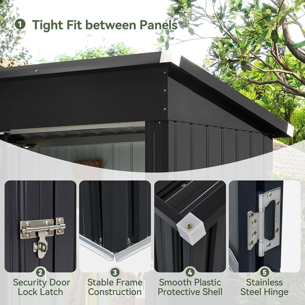 Aoxun 5x3FT Outdoor Shed Metal Storage Shed with Single Slooping Roof Lockable Door Steel Utility Tool Shed Outdoor Storage Garden Shed for Backyard Garden Patio Lawn, Black