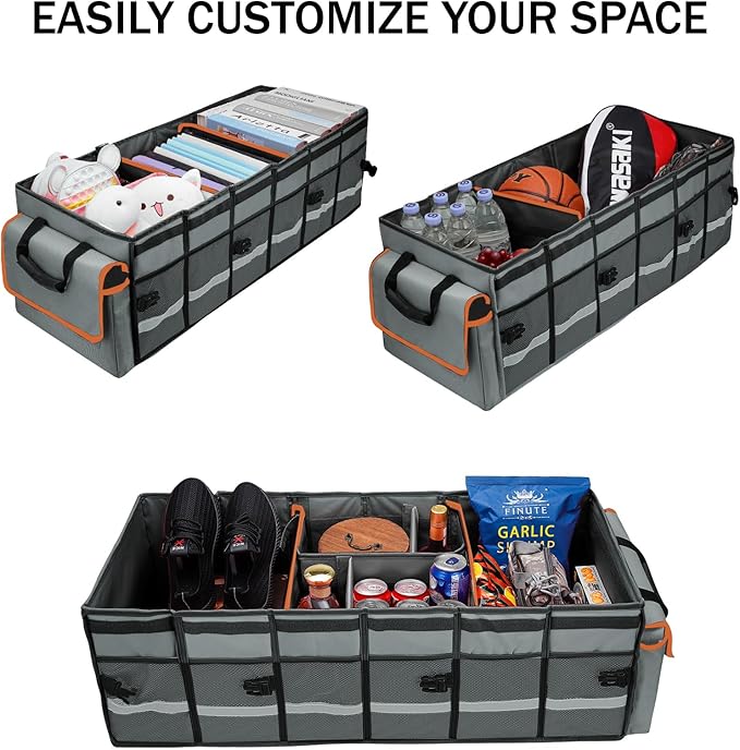 GDNasist Car Trunk Organizer and Storage with Removable Leakproof Cooler Bag, 6 Removable Dividers for Custom Space, Collapsible Trunk Storage with Non Slip Bottom, Foldable Cover for SUV, Jeep, MPVs