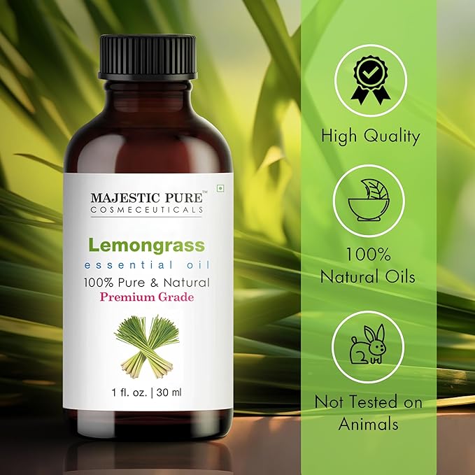 Majestic Pure Essential Oil with Glass Dropper - 100% Pure and Natural - Essential Oils for Diffuser, Aromatherapy, Soap and Candle Making, Lemongrass Essential Oil, Lemongrass Oil, 1 Fl Oz