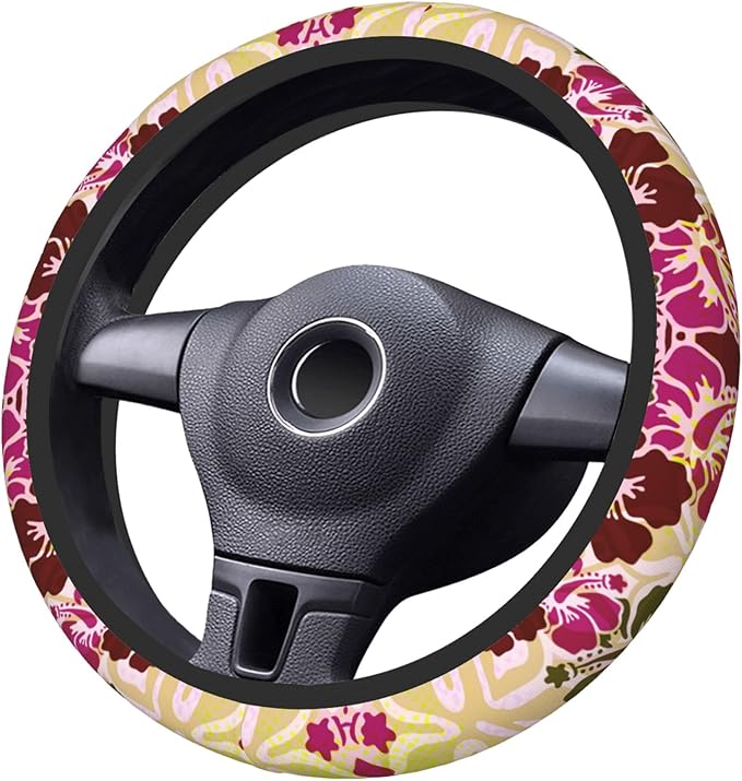 Hawaiian Hibiscus Pattern Car Steering Wheel Cover Anti-Slip Breathable and Sweat Absorption Neoprene Universal 14-15 Inch Inches Car Accessories