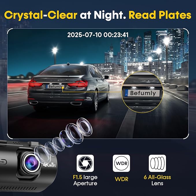 4K+1080P Dash Cam Front and Rear: 15-Min Install 5.8GHz WiFi 20MB/s Fast Download Dual Dash Cameras for Car with GPS - G-Sensor WDR/HDR Super Night Vision 24H Parking Mode by Befumly