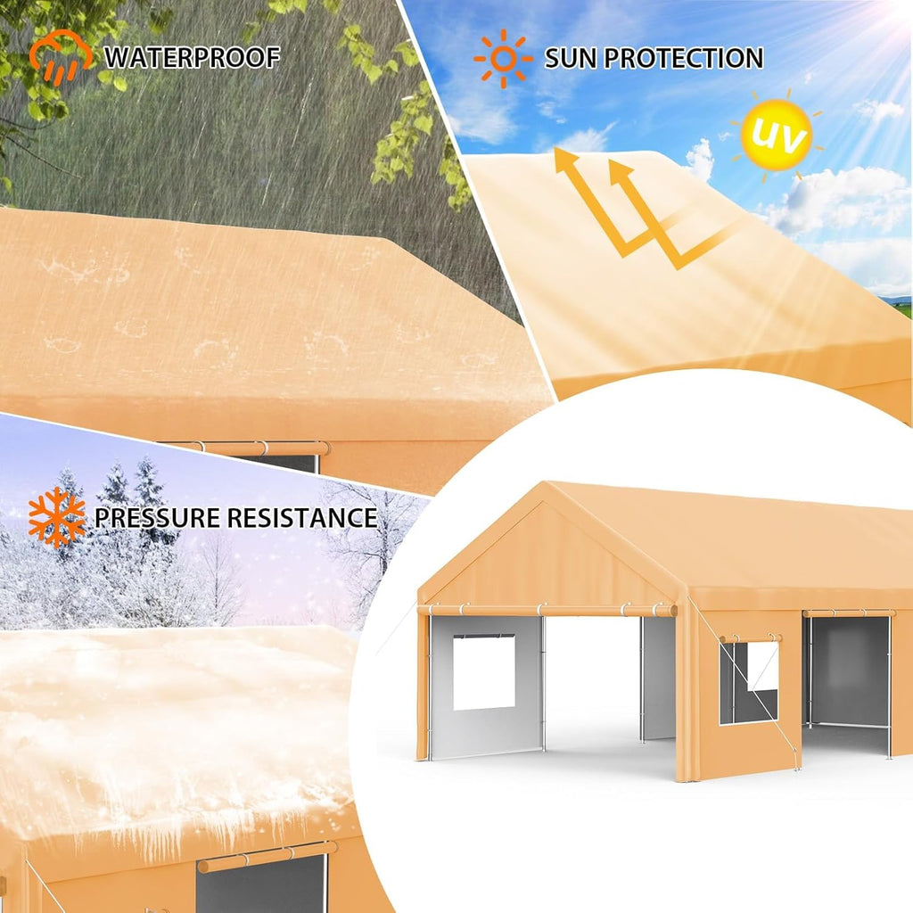 13x25 FT Heavy Duty Carport, Oversized Portable Garage with 4 Doors & 4 Windows, Reinforced Frame, All Weather Protection Outdoor Shelter Canopy for Cars, Boats, Trucks, BBQ and Outdoor Gatherings