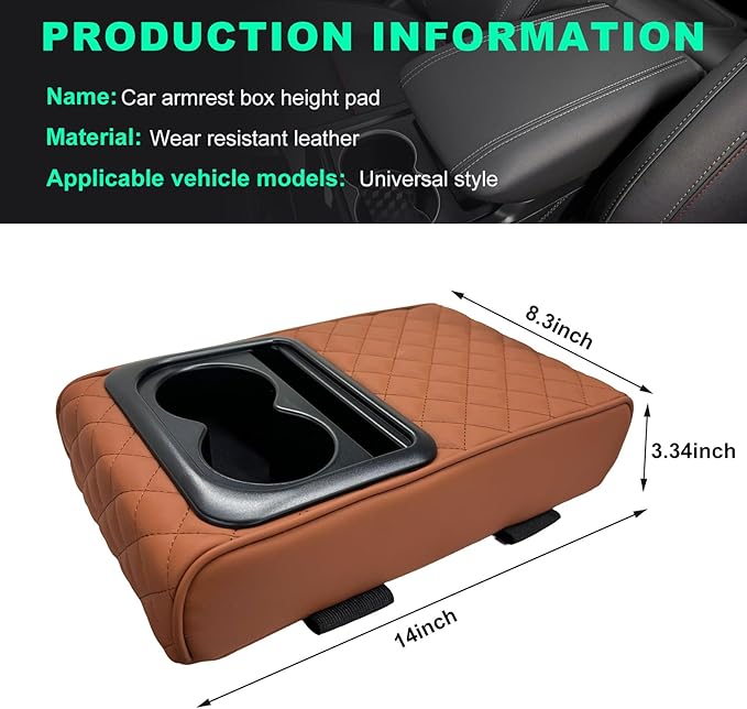 Car Center Console Armrest Pillow, Memory Foam Auto Armrest Box Cover with Cup Holder & Phone Holder, Waterproof Leather Arm Rest Protector Cushion, Interior Car Accessories (Diamond, Brown)