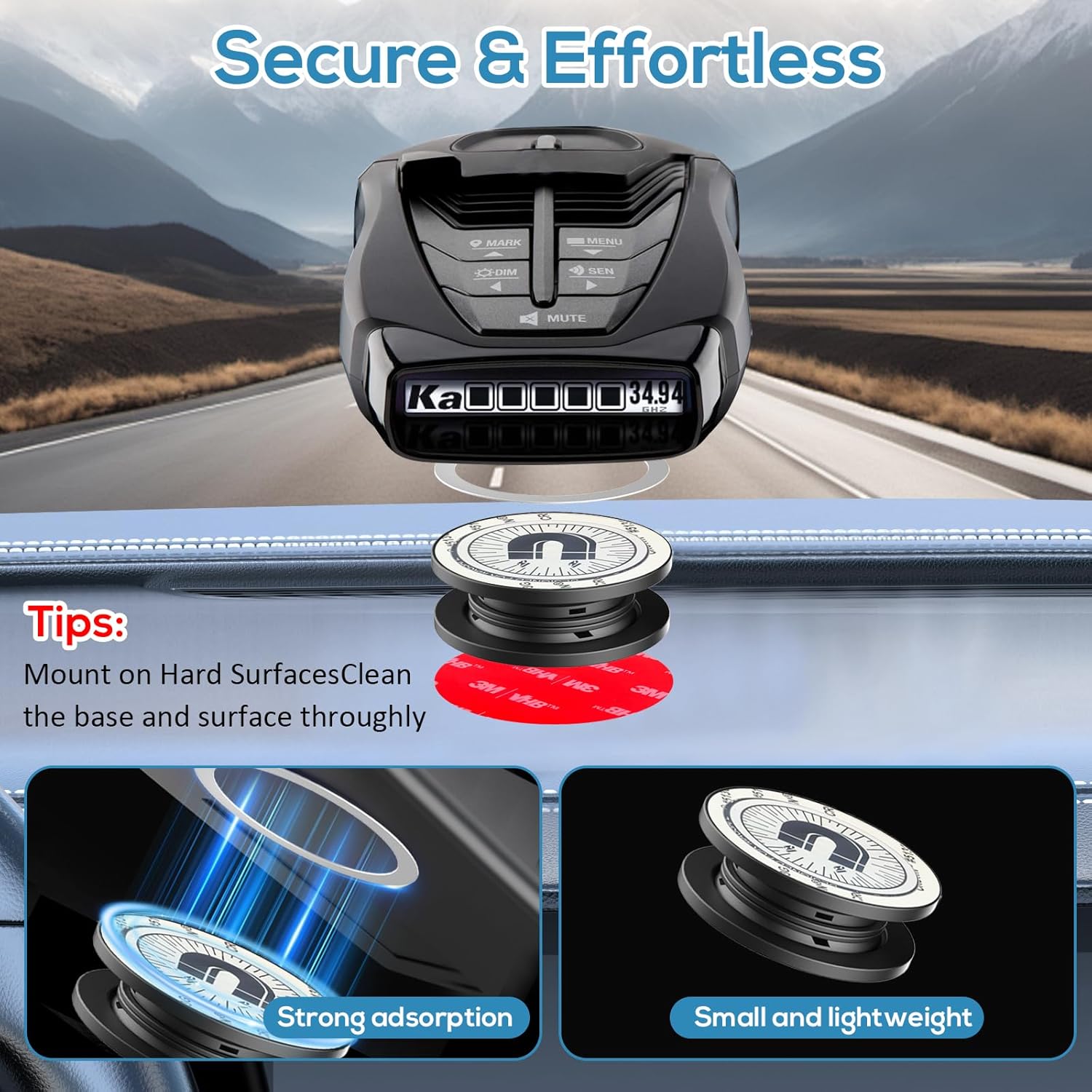 Magnetic Radar Detector Dashboard Mount - Adhesive Holder for Escort,Cobra，Uniden, Valentine One，All Radar Models - Anti-Vibration Stable Fit, Unobstructed View Design - Universal Car Accessory