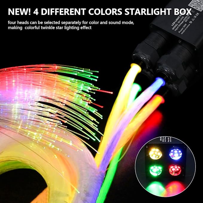 AMKI Updated 4Color Meteor Twinkle 36w Starlight Headliner Kits 1080pcs 0.03in 13.1ft, 240pcs RGB Meteor Shooting Star Cable, 2 in 1 Fiber Optic Light Box RGBW Sound Activated Mode for Car& Home Decor