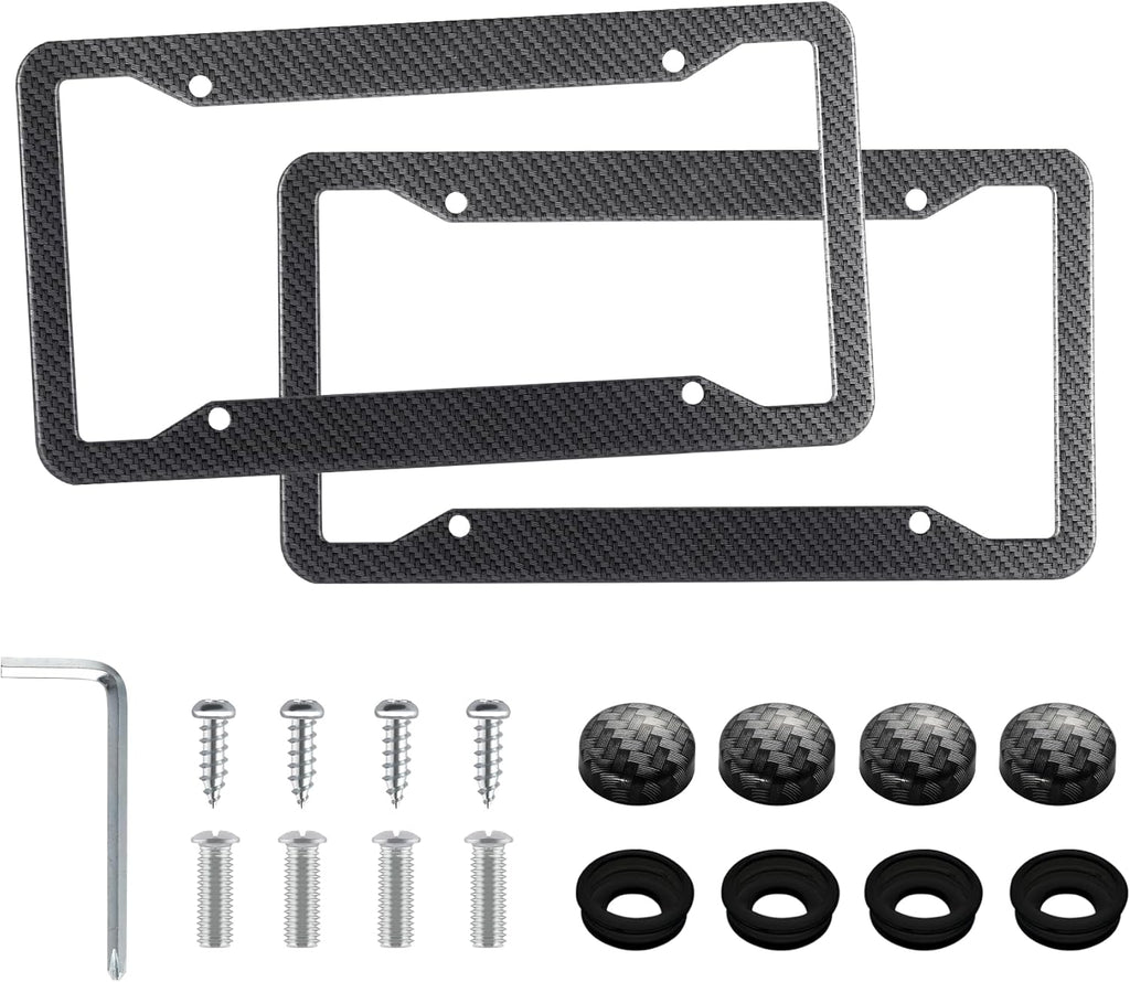 LivTee Carbon Fiber License Plate Frames, 2PCS Car License Plate Holder, 4 Holes Stainless Steel License Plate Covers, Automotive Exterior Accessories, Slim Design with Gasket Cover for US Cars