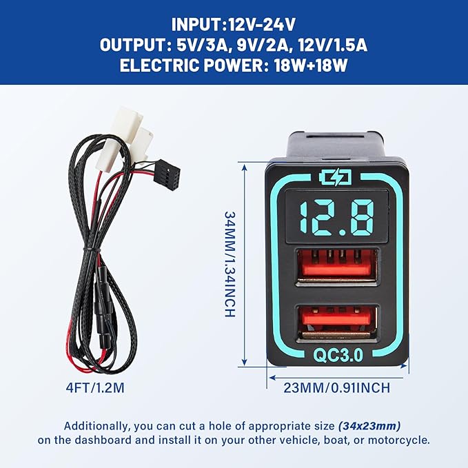 Anina QC3.0 Car Charger for Toyota, 18W Dual USB Port Powered by Cigarette Lighter with Digital Voltmeter, Panel Flush Mount USB Socket for Tundra Corolla Highlander, Vehicle Dash Port 1.34"x0.91"