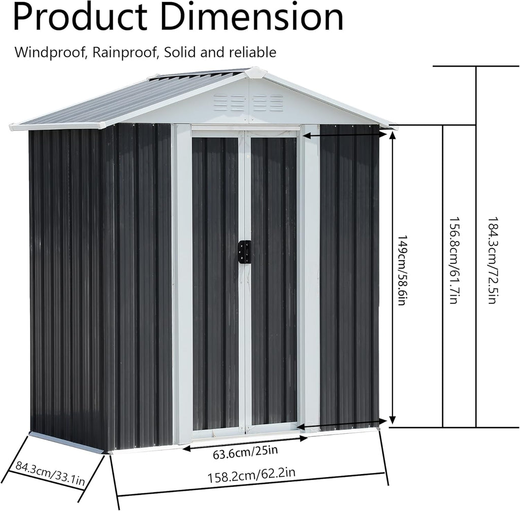 5x3 FT Outdoor Storage Shed, Metal Garden Shed with Lockable Sliding Doors, Small Outside Tool Shed with Sloped Roof & 4 Air Vents, Waterproof Storage Building for Backyard, Patio, Lawn, Gray