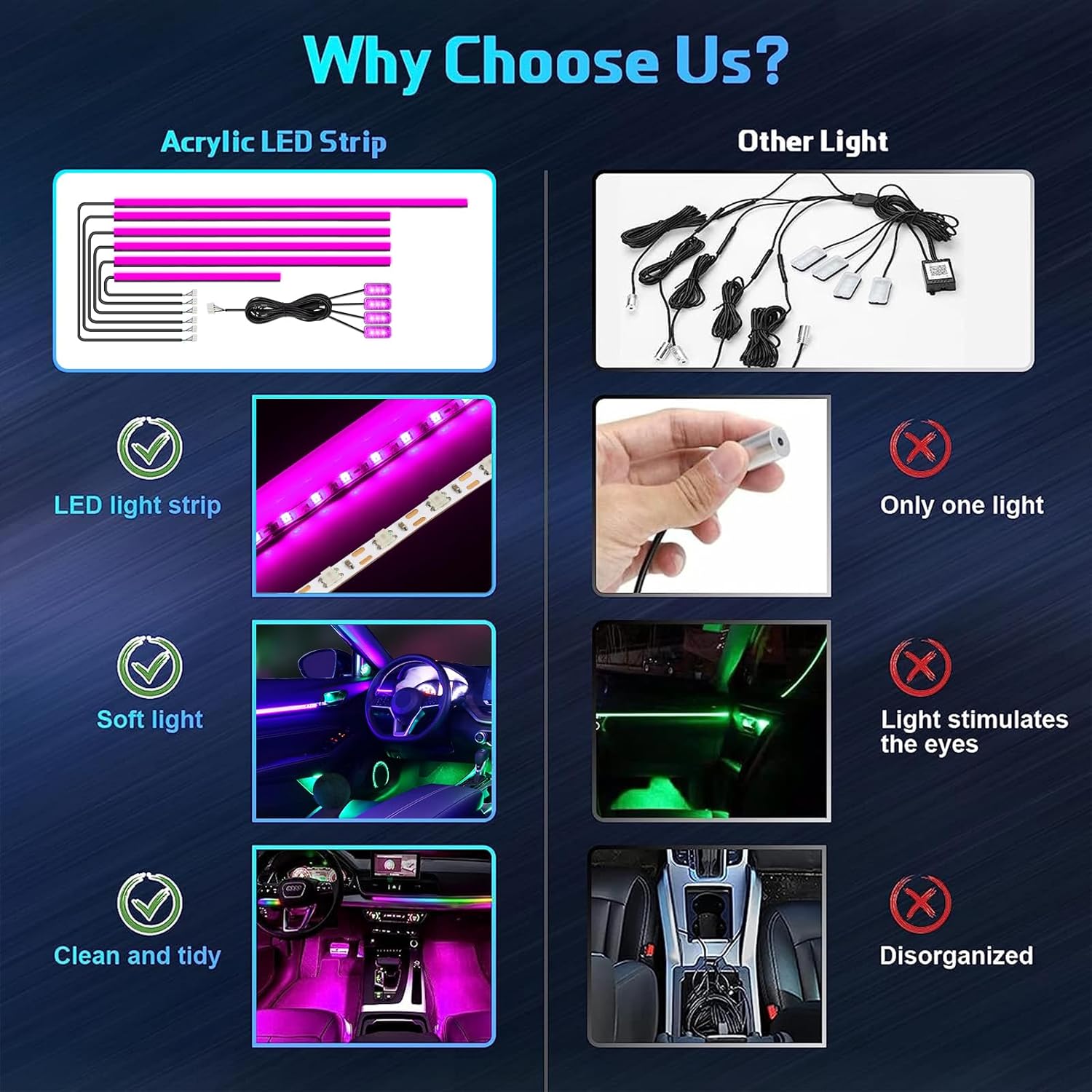 WEBUPAR Acrylic Interior Car Lights, Car Accessories 10 in 1 Car LED Strip Lights with APP Control, 175 inches 593 LEDs Fiber Optic Lights, RGB Neon Car Ambient Lighting Kits