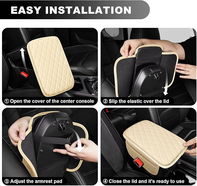 Upgraded Car Center Console Cover Fit for RAV4 Faux Leather Car Armrest Cover Cushion with 2 Storage Bags,Car Armrest Storage Box Interior Accessories(Beige&Whiteline)