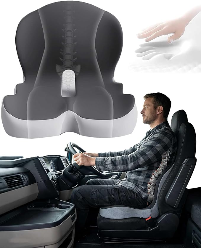 Orthopedic Seat Cushion, L-Shaped Ergonomic Design W/Lumbar - Removes 100% of Tailbone Contact, Cushion for Truck Driver, Workers, Instant Relief Sciatica Pain (Grey)