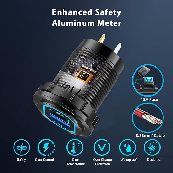 2 Pack 12V USB C Outlet PD 100W Car USB Port for Laptop and QC3.0 18W Car Charger Socket Aluminum Alloy, Fast Charging Cigarette Lighter Replacement DIY Accessary for RV MarineTruck Boat Golf
