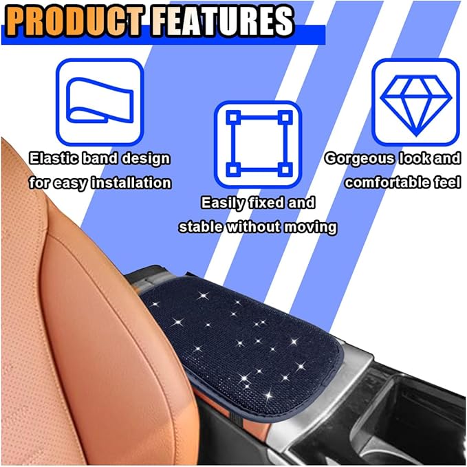 11.9''×8.4'' Bling Car Center Console Cover, Crystal Diamond Elbow Pillow Car Armrest Seat Box Cover, Soft Arm Rest Protective Cushion Pad for Women Girls, Auto Interior Decor for Car SUV (Black)